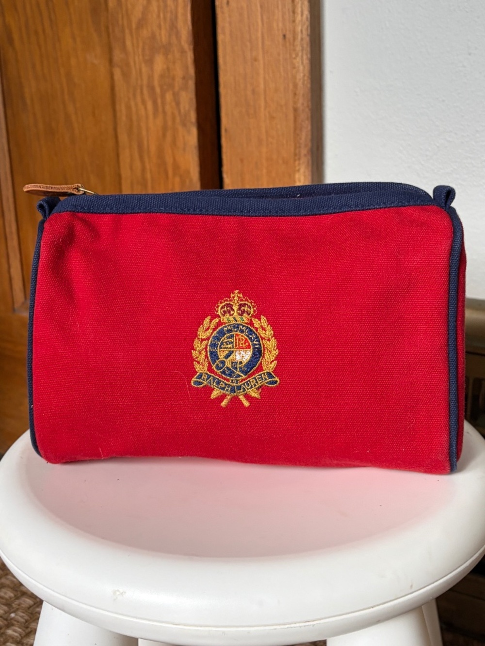 VTG Ralph Lauren Polo Crest Red Canvas 9x6 Cosmetic Travel Pouch Stripe Interior